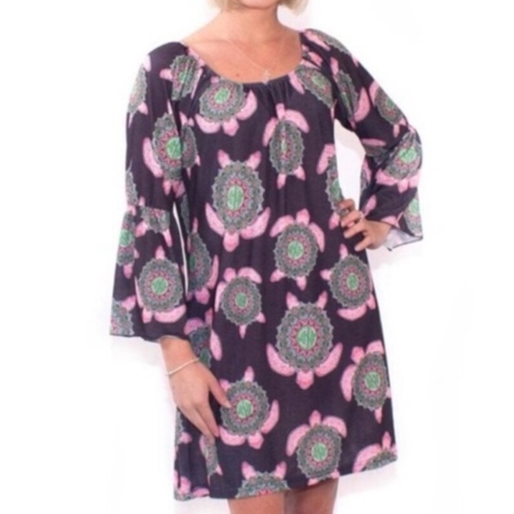 NWT Simply Southern Boho Turtle Dress M Navy Pink Green 3/4 Bell Sleeve
